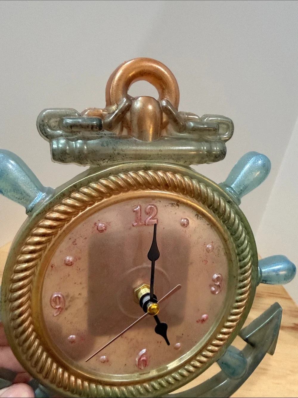 Nautical Anchor Ship Wheel Wall Clock — Bronze and Blue Coastal Accent